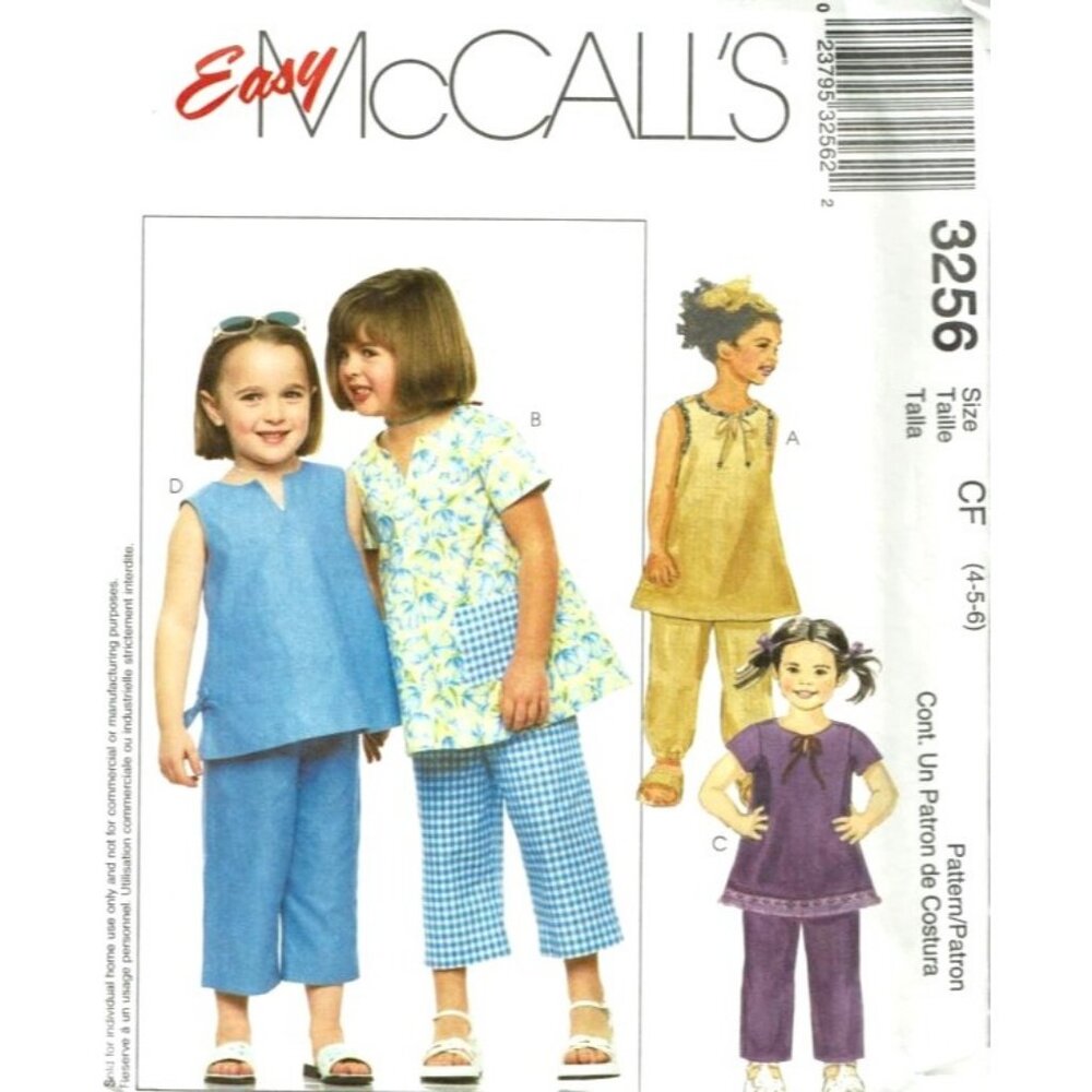 McCalls Sewing‎ Pattern 3256 Top Pants Capris Girls Size 4-6 Summer